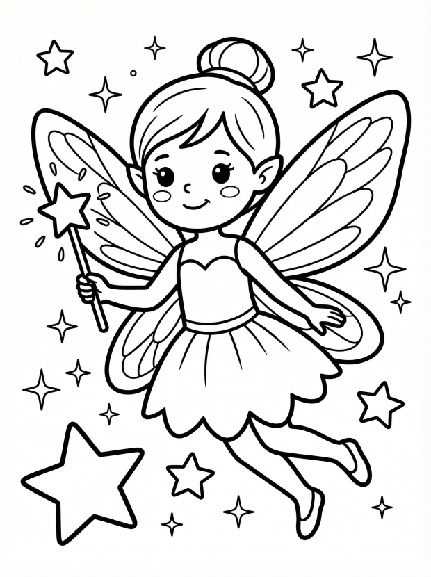 Free printable coloring page showing a fairy with wings and stars, perfect for kids to practice creativity and fine motor skills