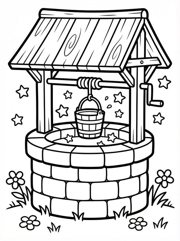 Free printable coloring page showing a magical wishing well with stars and bucket, perfect for kids to practice fine motor skills and imaginative play