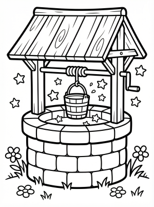 Free printable coloring page showing a magical wishing well with stars and bucket, perfect for kids to practice fine motor skills and imaginative play