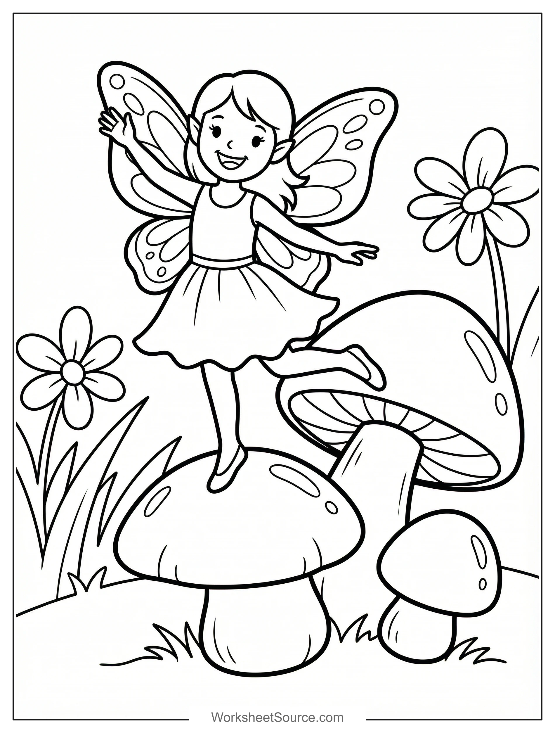 Free printable coloring page showing a fairy dancing on mushrooms, perfect for kids to practice fine motor skills and imaginative play