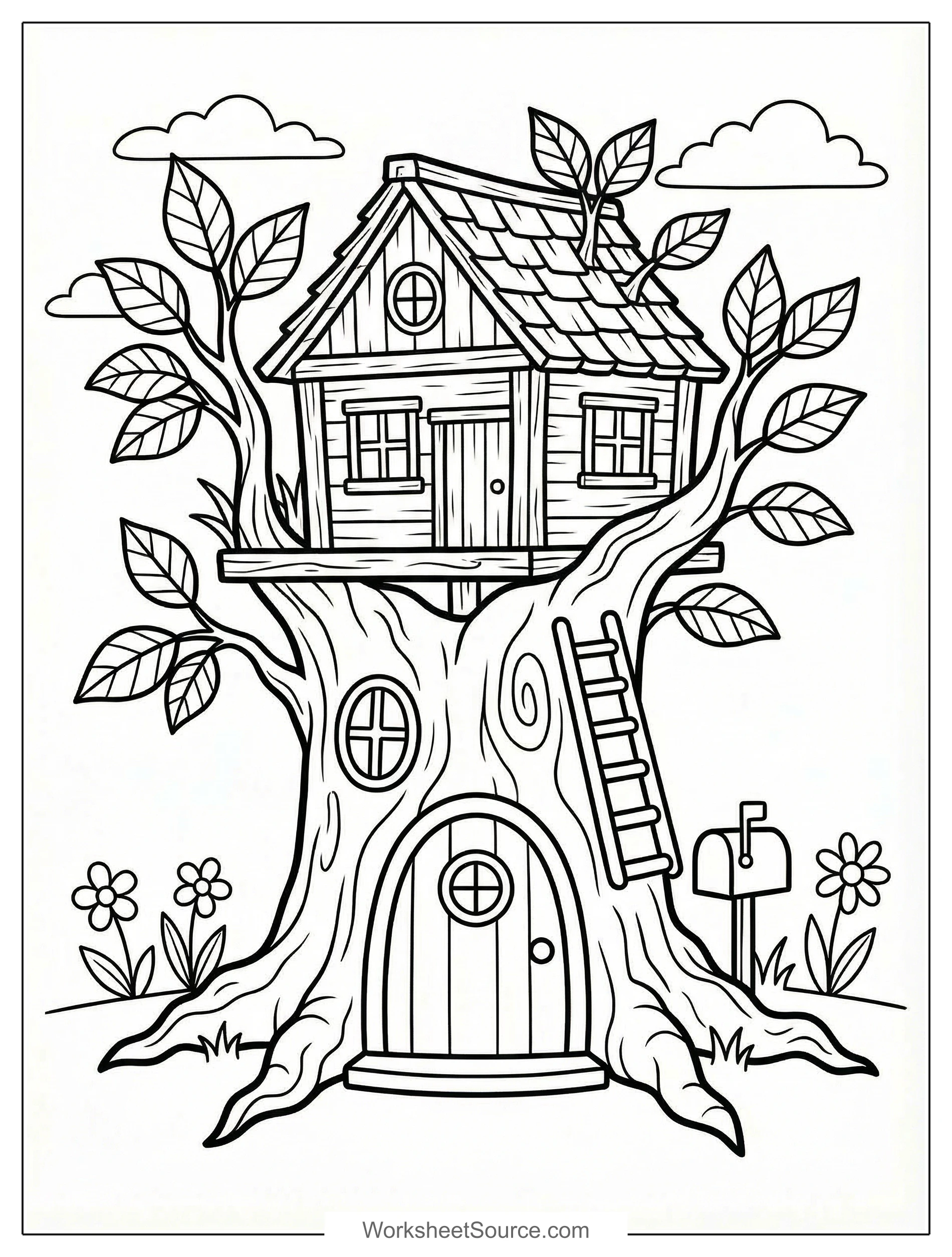 Free printable coloring page showing a fairy house built in a tree, perfect for kids to practice coloring details and spark imagination