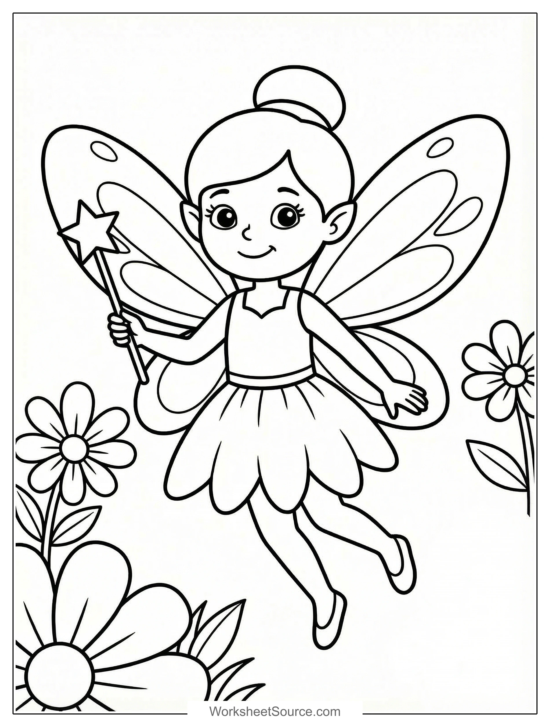 Free printable coloring page showing a fairy with magical wings and a wand, perfect for kids to practice coloring and creativity