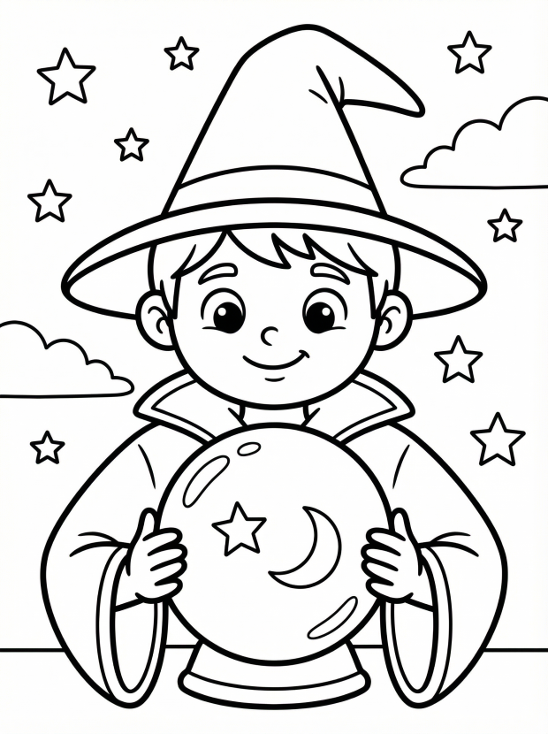 Free printable coloring page showing a wizard child holding a crystal ball, perfect for kids to practice coloring and imagination