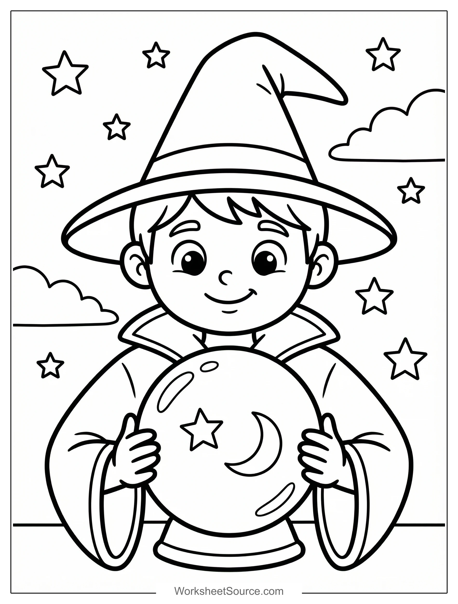Free printable coloring page showing a wizard child holding a crystal ball, perfect for kids to practice coloring and imagination