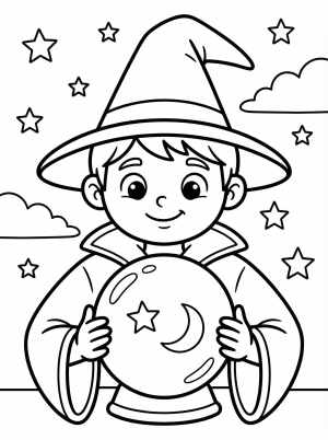 Free printable coloring page showing a wizard child holding a crystal ball, perfect for kids to practice coloring and imagination