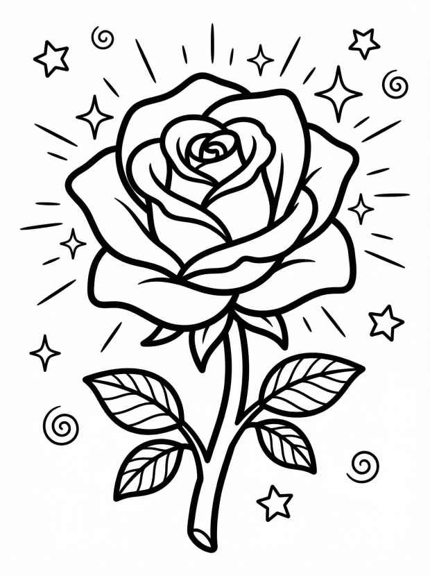 Free printable coloring page showing an enchanted rose with sparkles, perfect for kids to practice fine motor skills and color recognition