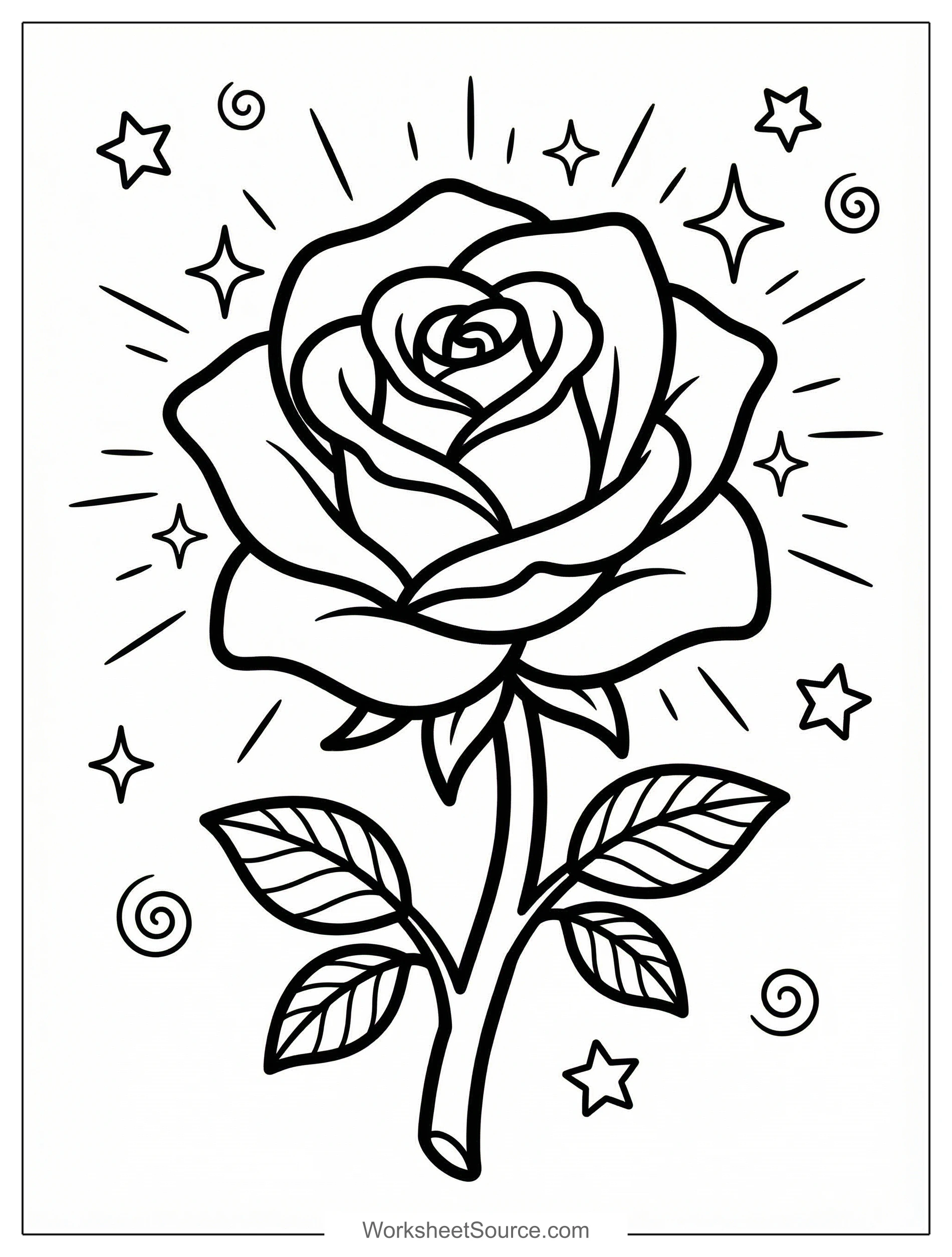 Free printable coloring page showing an enchanted rose with sparkles, perfect for kids to practice fine motor skills and color recognition