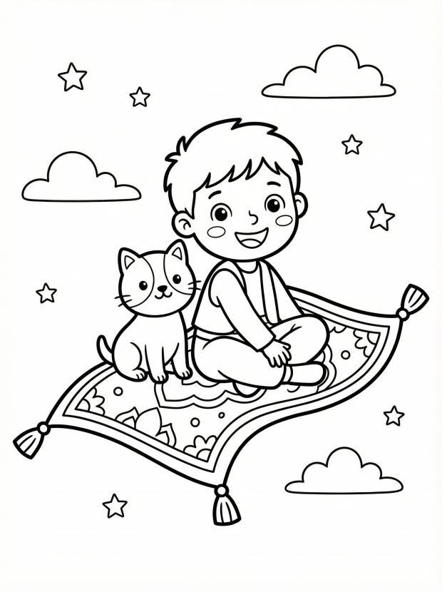Free printable coloring page showing a child and cat on a flying carpet, perfect for kids to practice creativity and fine motor skills