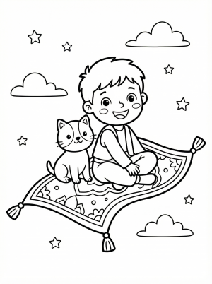 Free printable coloring page showing a child and cat on a flying carpet, perfect for kids to practice creativity and fine motor skills