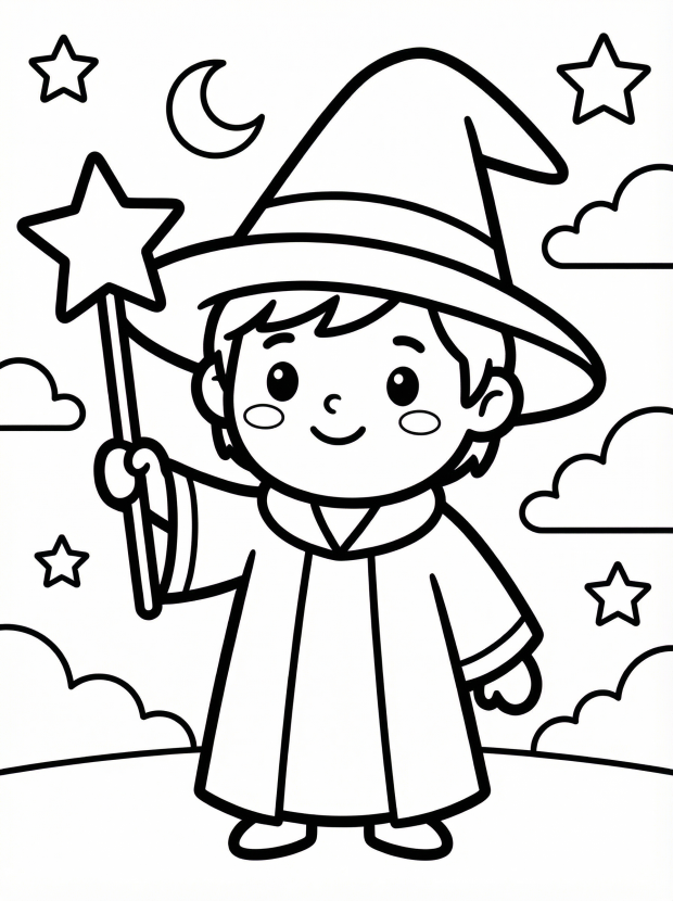 Free printable coloring page showing a child with a star magic wand, perfect for kids to practice creativity and fine motor skills.