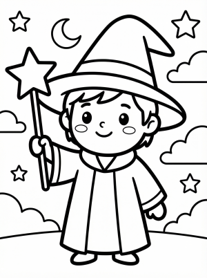 Free printable coloring page showing a child with a star magic wand, perfect for kids to practice creativity and fine motor skills.