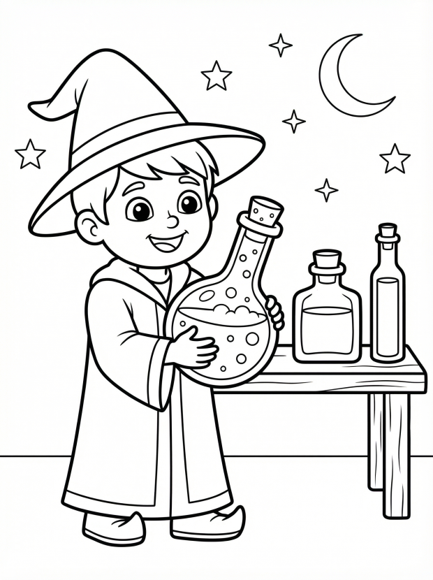 Free printable coloring page showing a child wizard holding potion bottles, perfect for kids to practice coloring and imaginative play