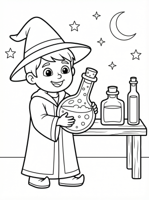 Free printable coloring page showing a child wizard holding potion bottles, perfect for kids to practice coloring and imaginative play