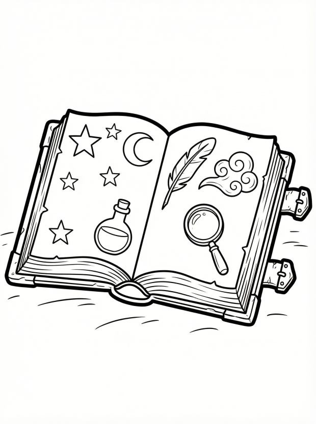 Free printable coloring page showing an open spell book with stars potion feather and magnifying glass, perfect for kids to explore imagination and fine motor skills