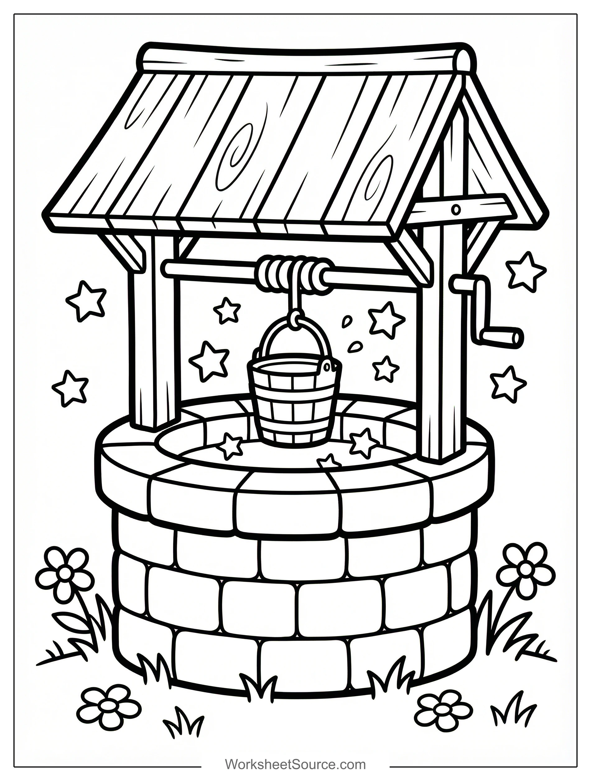 Free printable coloring page showing a magical wishing well with stars and bucket, perfect for kids to practice fine motor skills and imaginative play