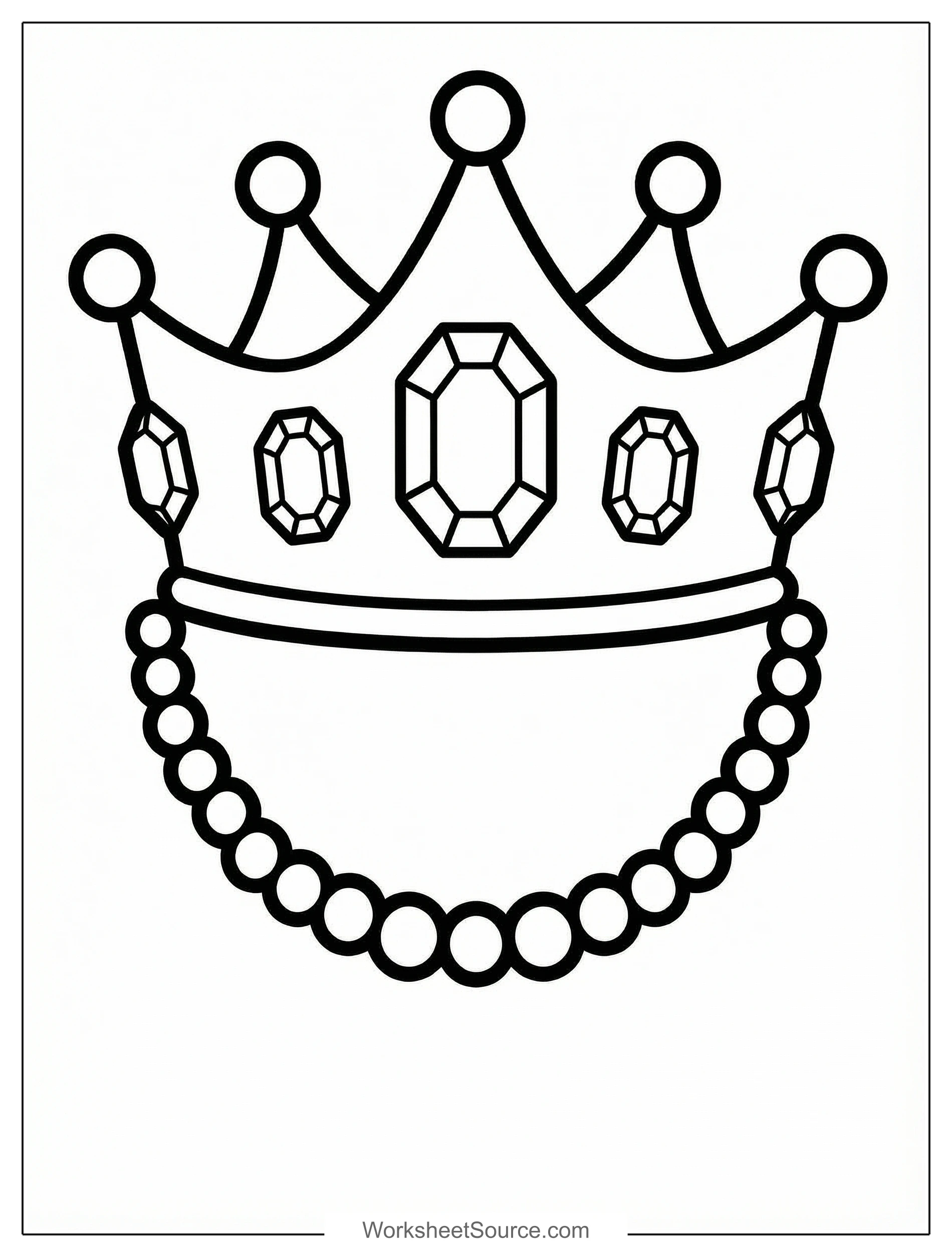 Free printable coloring page showing a crown with jewels and a pearl necklace, perfect for kids to practice coloring and creativity