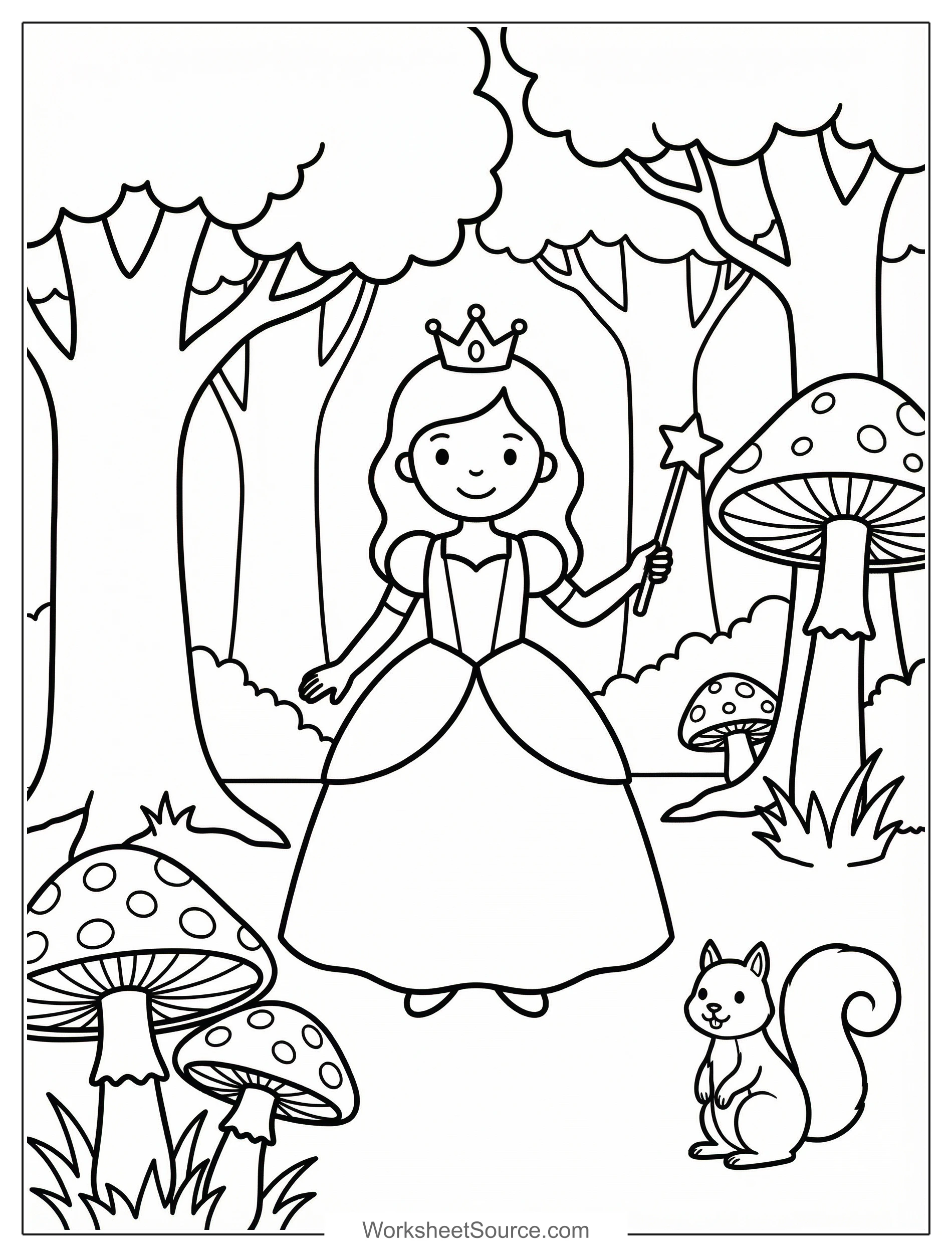 Free printable coloring page showing a princess in an enchanted forest with mushrooms and a wand, perfect for kids to practice coloring and creativity