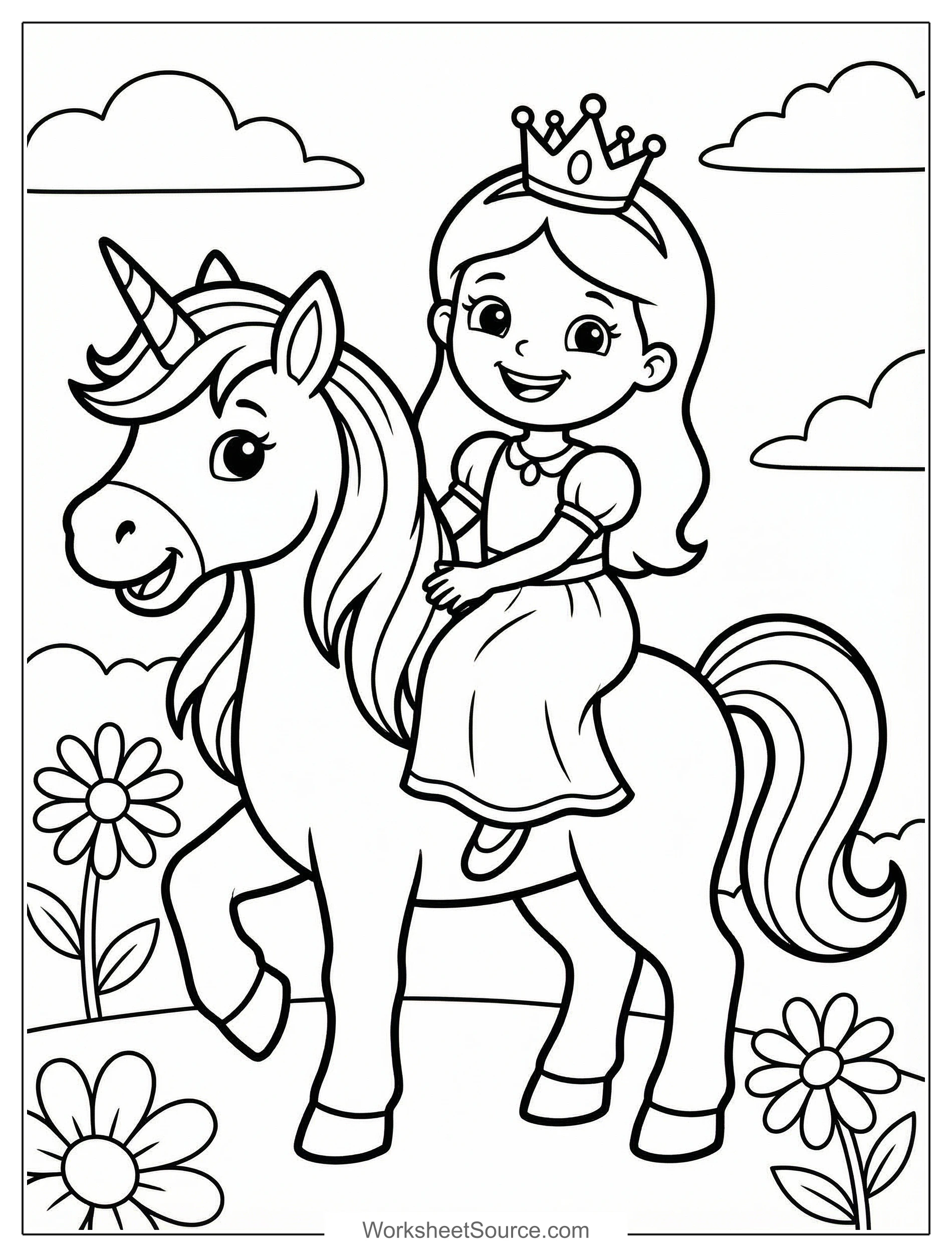 Free printable coloring page showing a princess riding a unicorn, perfect for kids to practice creativity and fine motor skills
