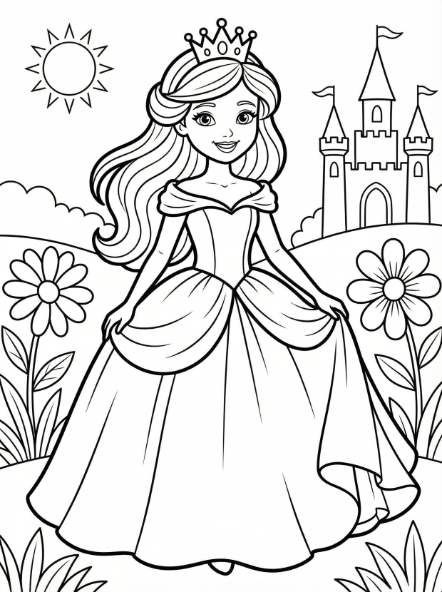 Free printable coloring page showing a beautiful princess in an elegant gown with a castle backdrop, perfect for kids to practice fine motor skills and creativity