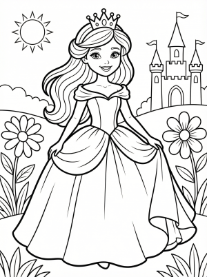 Free printable coloring page showing a beautiful princess in an elegant gown with a castle backdrop, perfect for kids to practice fine motor skills and creativity