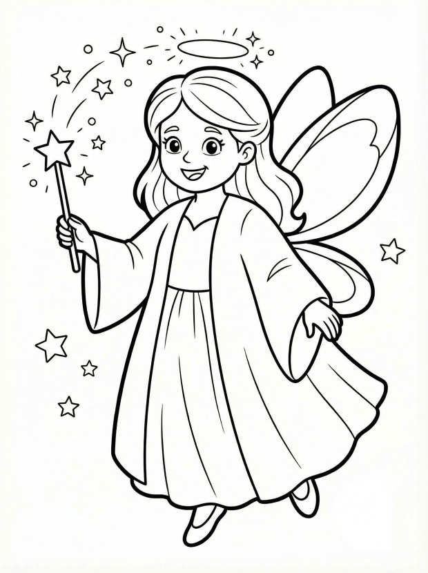 Free printable coloring page showing a smiling fairy godmother with wings and a sparkly wand, perfect for kids to practice coloring and creativity