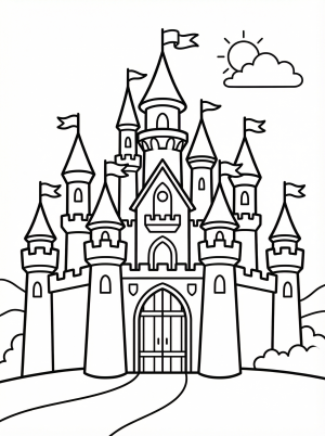 Free printable coloring page showing a grand castle with towers and flags, perfect for kids to practice creativity and fine motor skills