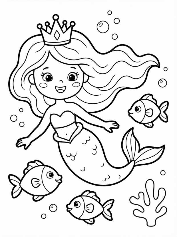 Free printable coloring page showing a mermaid princess swimming with fish, perfect for kids to practice coloring and spark imagination