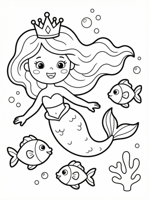 Free printable coloring page showing a mermaid princess swimming with fish, perfect for kids to practice coloring and spark imagination