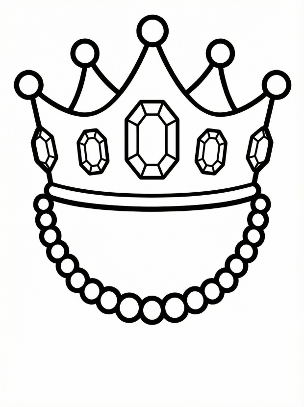 Free printable coloring page showing a crown with jewels and a pearl necklace, perfect for kids to practice coloring and creativity