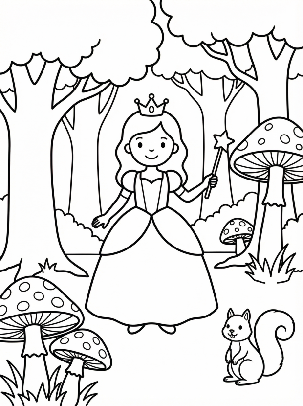 Free printable coloring page showing a princess in an enchanted forest with mushrooms and a wand, perfect for kids to practice coloring and creativity