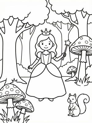 Free printable coloring page showing a princess in an enchanted forest with mushrooms and a wand, perfect for kids to practice coloring and creativity