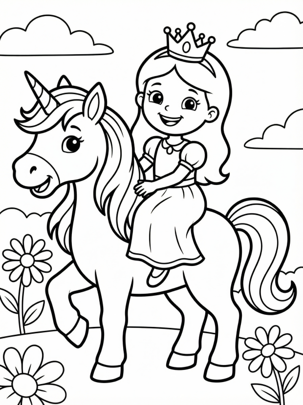 Free printable coloring page showing a princess riding a unicorn, perfect for kids to practice creativity and fine motor skills