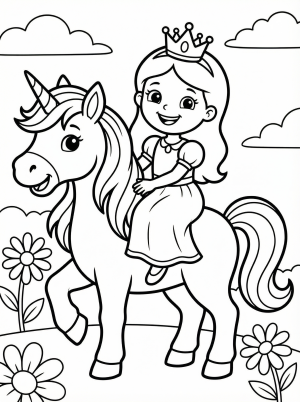 Free printable coloring page showing a princess riding a unicorn, perfect for kids to practice creativity and fine motor skills