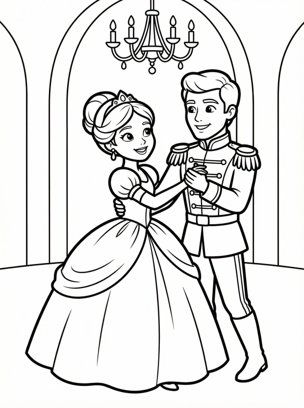 Free printable coloring page showing a princess and prince dancing at a royal ball, perfect for kids to practice fine motor skills and creativity