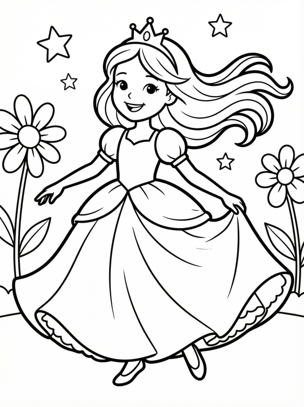 Free printable coloring page showing a princess at a ball in a flowing gown, perfect for kids to practice creativity and color recognition