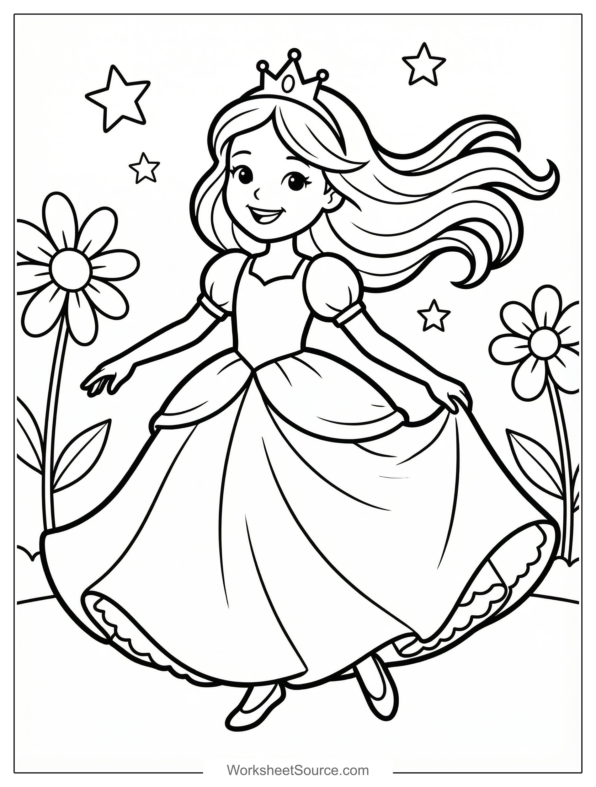 Free printable coloring page showing a princess at a ball in a flowing gown, perfect for kids to practice creativity and color recognition