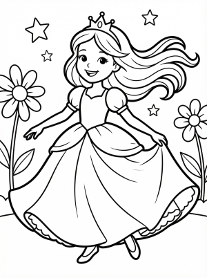 Free printable coloring page showing a princess at a ball in a flowing gown, perfect for kids to practice creativity and color recognition
