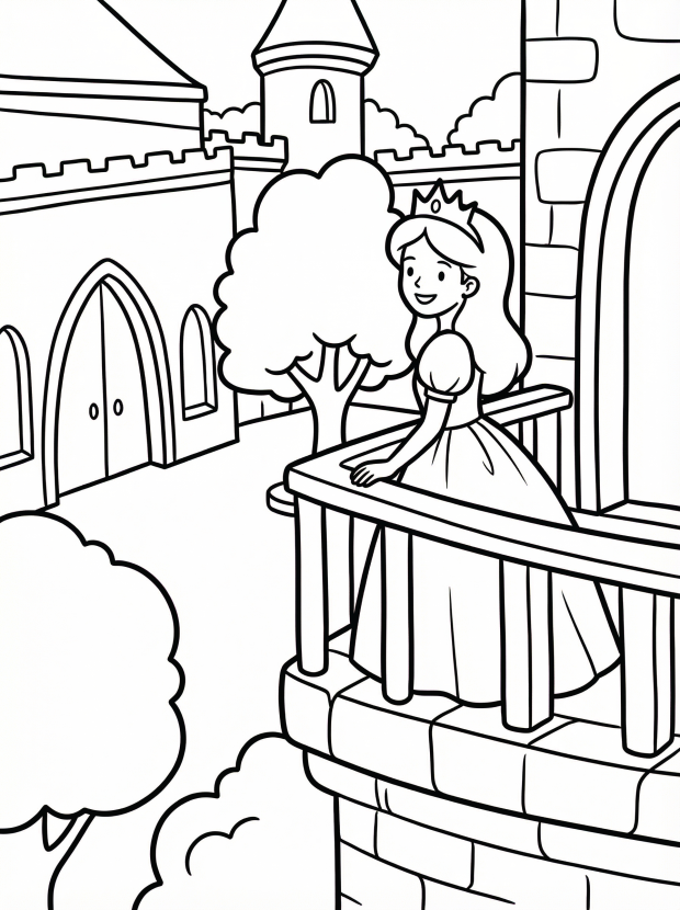 Free printable coloring page showing a princess on a castle balcony, perfect for kids to practice coloring and imaginative play