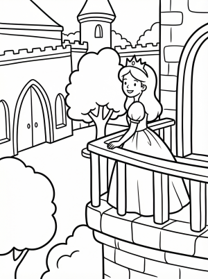Free printable coloring page showing a princess on a castle balcony, perfect for kids to practice coloring and imaginative play