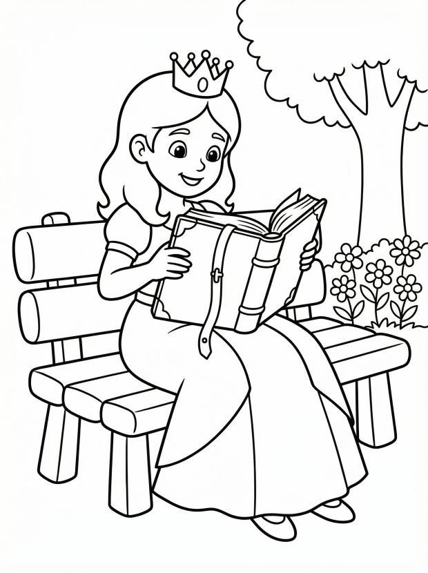 Free printable coloring page showing a princess reading a book on a bench, perfect for kids to practice focus and creativity