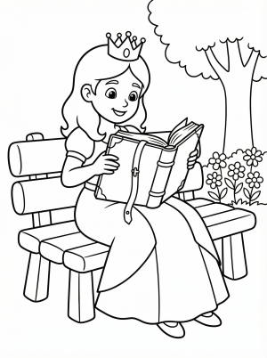 Free printable coloring page showing a princess reading a book on a bench, perfect for kids to practice focus and creativity