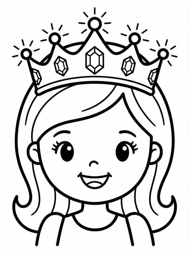 Free printable coloring page showing a princess with a jeweled crown and smiling face, perfect for kids to practice coloring and creativity