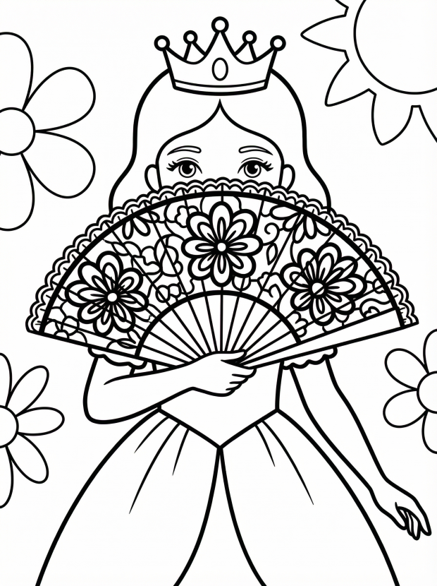 Free printable coloring page showing a princess holding a decorative fan, perfect for kids to practice fine motor skills and creativity
