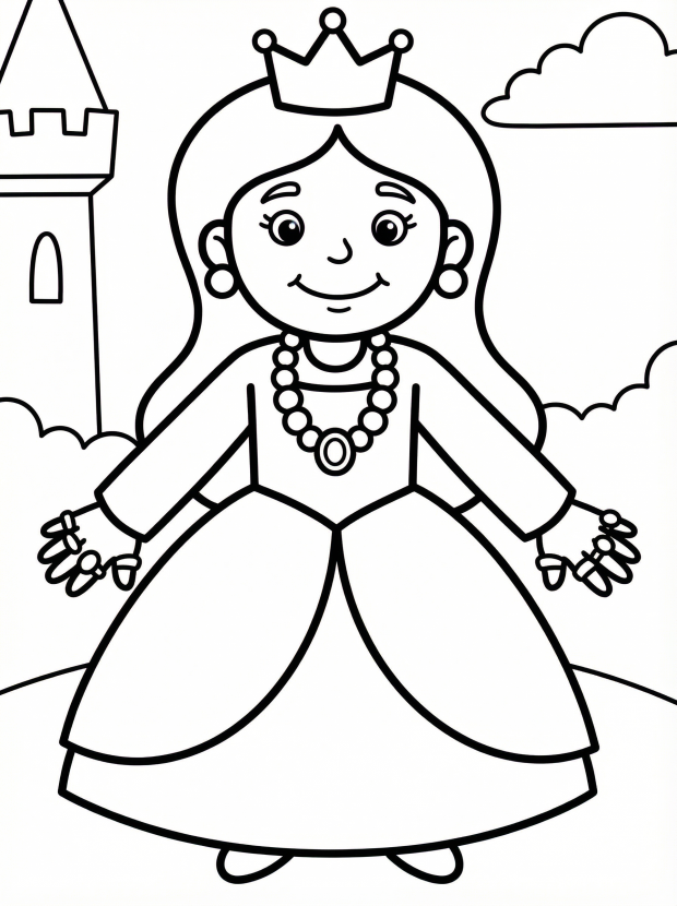 Free printable coloring page showing a princess with crown and jewels, perfect for kids to develop creativity and fine motor skills