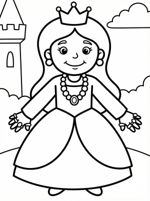 Free printable coloring page showing a princess with crown and jewels, perfect for kids to develop creativity and fine motor skills