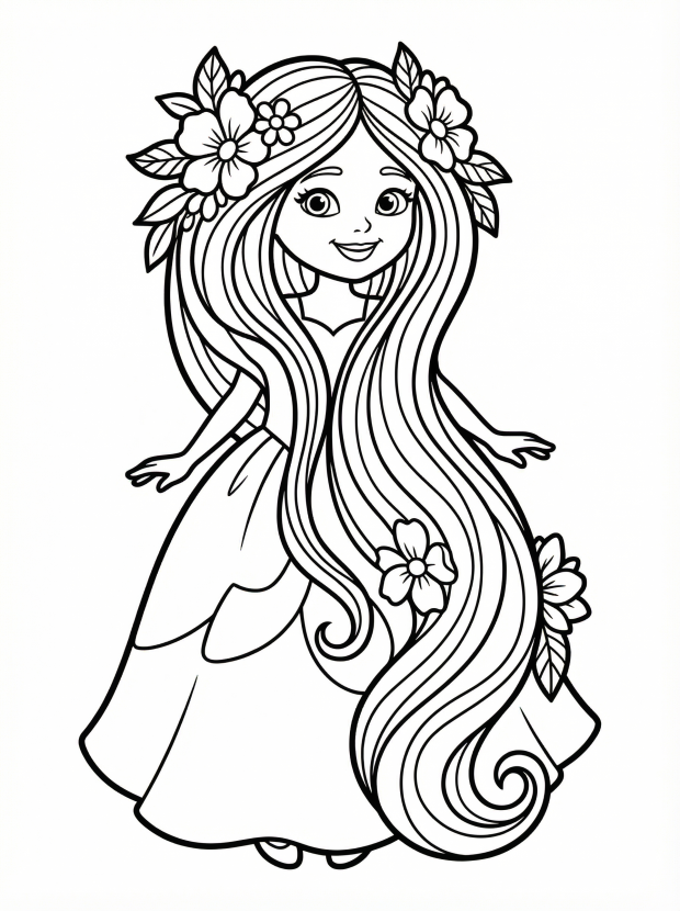Free printable coloring page showing a princess with long flowing hair and floral crown, perfect for kids to practice fine motor skills and creativity