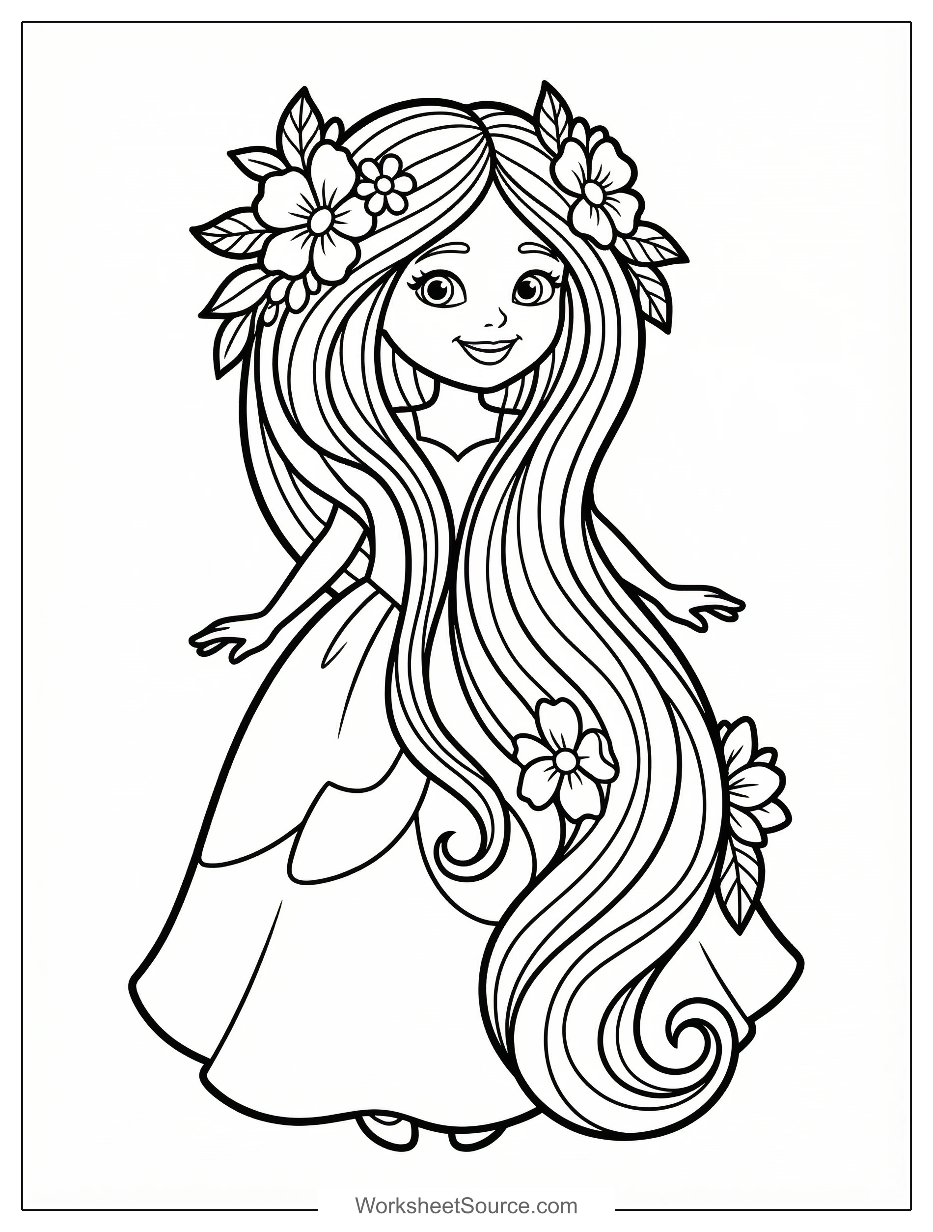 Free printable coloring page showing a princess with long flowing hair and floral crown, perfect for kids to practice fine motor skills and creativity