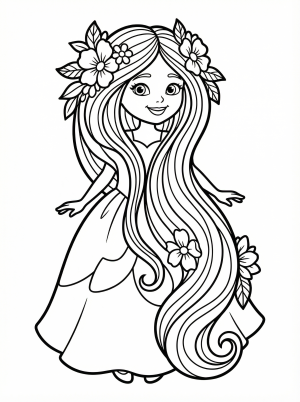 Free printable coloring page showing a princess with long flowing hair and floral crown, perfect for kids to practice fine motor skills and creativity
