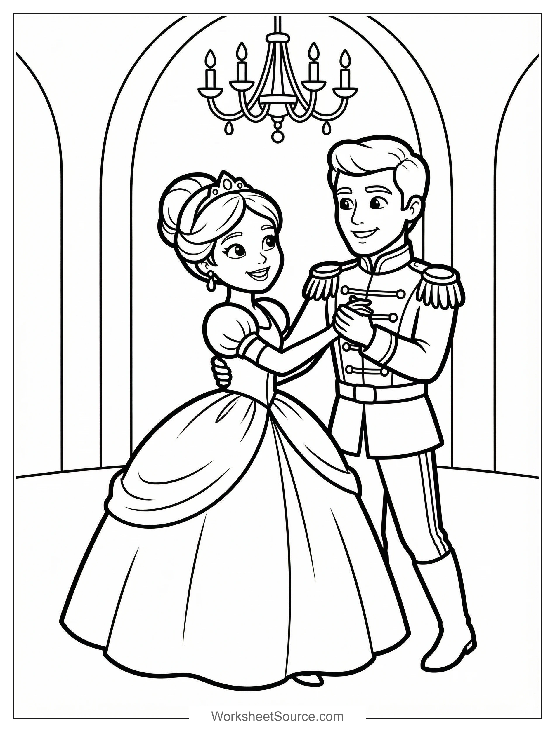 Free printable coloring page showing a princess and prince dancing at a royal ball, perfect for kids to practice fine motor skills and creativity