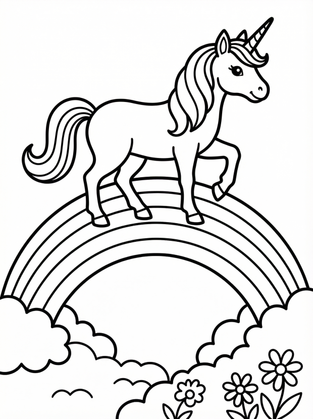 Free printable coloring page showing a unicorn walking on a rainbow, perfect for kids to practice coloring and imagination